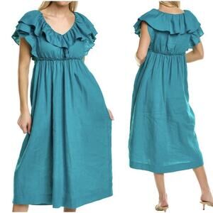 Trina Turk 100% Linen Play Dress Teal Blue Ruffle V Neck Midi Out of Office L